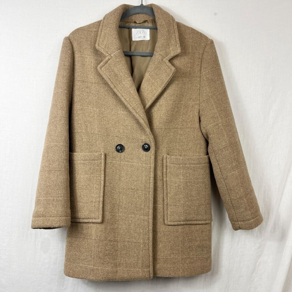 Zara Wool Blend Tweed Pea Coat‎ Womens 13 - 14 Car Coat Double Breast Neutral